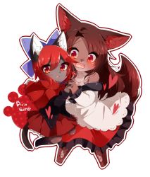 Rule 34 | 2girls, animal ears, bad id, bad pixiv id, blush, bow, brown hair, cat ears, cat tail, fang, furrification, furry, furry female, furry with furry, hair bow, heart, holding hands, imaizumi kagerou, kaenuco, long hair, multiple girls, open mouth, red hair, sekibanki, short hair, smile, tail, tears, touhou, wolf ears, wolf tail