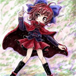 Rule 34 | 1girl, ahoge, arm up, blouse, boots, bow, cape, facing viewer, hair bow, index finger raised, looking away, nanashii (soregasisan), open mouth, red eyes, red hair, sekibanki, shirt, short hair, skirt, solo, touhou, willow