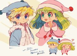 Rule 34 | 1boy, 1girl, alternate form, blonde hair, blue coat, blue eyes, blue hat, blunt bangs, blush stickers, capelet, closed eyes, coat, commentary request, green eyes, green hair, hands on own cheeks, hands on own face, hat, heart, highres, long hair, looking at another, looking at viewer, mini person, miniboy, minigirl, mirumo, mirumo de pon!, multiple views, nightcap, pajamas, pink capelet, pink hat, pom pom (clothes), rirumu (mirumo de pon!), short hair, simple background, solid oval eyes, tokuura, upper body