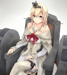 Rule 34 | 10s, 1girl, blonde hair, blue eyes, braid, corset, crossed legs, crown, dress, french braid, gradient background, jenson tw, jewelry, kantai collection, light smile, long hair, mini crown, necklace, sitting, solo, thighhighs, throne, warspite (kancolle)