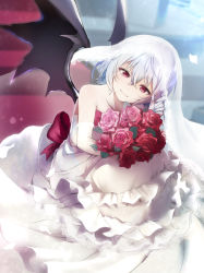 Rule 34 | 1girl, alternate costume, bare shoulders, bat wings, blue hair, bouquet, bridal veil, closed mouth, dress, elbow gloves, flower, gloves, hair between eyes, head tilt, layered dress, looking at viewer, red carpet, red eyes, red rose, remilia scarlet, rose, short hair, smile, solo, stairs, touhou, veil, wedding dress, white dress, white gloves, wings, yuki (popopo)