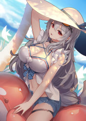 Rule 34 | 1girl, :d, arknights, arm up, bare arms, bare shoulders, black-framed eyewear, blue sky, breasts, cleavage, day, dutch angle, eyewear on head, hat, highres, inflatable orca, inflatable toy, large breasts, liu lan, long hair, looking at viewer, low-tied long hair, navel, official alternate costume, open clothes, open fly, open mouth, open shorts, orange-tinted eyewear, outdoors, palm tree, red eyes, short shorts, shorts, silver hair, sitting, skadi (arknights), skadi (waverider) (arknights), sky, sleeveless, smile, solo, straddling, sun hat, thigh strap, tinted eyewear, tree, very long hair, white hat
