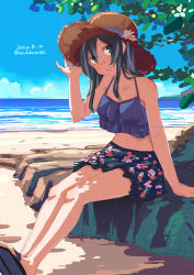 Rule 34 | 1girl, alternate costume, beach, black camisole, black hair, black skirt, blue sky, camisole, casual, cloud, dappled sunlight, dated, day, floral print, frilled skirt, frills, full body, grey eyes, horizon, kantai collection, long hair, looking at viewer, midriff, ocean, outdoors, oyashio (kancolle), rock, sandals, sitting, skirt, sky, solo, sunlight, takuzui, tree, twintails