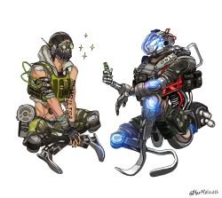 Rule 34 | 1boy, apex legends, arm tattoo, black gloves, black headwear, black shirt, cable, cropped shirt, cropped vest, crossover, gloves, goggles, green vest, grey shorts, grey vest, highres, holding, humanoid robot, indian style, kotone a, male focus, mask, mechanical legs, mouth mask, octane (apex legends), pilot (titanfall 2), power connection, robot, shirt, shorts, simulacrum (titanfall), sitting, sparkle, stim pilot (titanfall 2), tattoo, titanfall (series), titanfall 2, vest, vial, white background