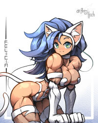 1girl animal_ears animal_hands artdeitech bare_shoulders blue_hair breasts cat_ears cat_tail character_name dark-skinned_female dark_skin darkstalkers felicia_(darkstalkers) green_eyes large_breasts long_hair muscular muscular_female tail very_long_hair white_fur