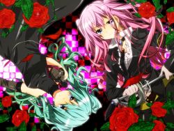Rule 34 | 2girls, aqua hair, bad id, bad pixiv id, blue eyes, checkered background, dress, earrings, elbow gloves, flower, formal, gloves, gun, hatsune miku, jewelry, megurine luka, multiple girls, necklace, pant suit, pants, pink hair, rapier, red flower, red rose, rondo of the sun and moon (vocaloid), rose, sakuragi ren, suit, sword, twintails, vocaloid, weapon