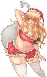 Rule 34 | 1girl, armpits, bags under eyes, blonde hair, blush, bow, braid, breasts, cleavage, commentary request, cookie (touhou), feet out of frame, fur-trimmed headwear, fur-trimmed skirt, fur trim, garter straps, green bow, green eyes, hair between eyes, hair bow, hat, highres, holding, holding sack, kirisame marisa, large breasts, long bangs, long hair, looking afar, looking to the side, mars (cookie), muffin top, navel, open mouth, plump, red hat, red skirt, sack, santa hat, shinanaki, side braid, simple background, single braid, skirt, solo, thick thighs, thighhighs, thighs, touhou, white background, white thighhighs