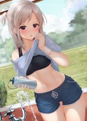 Rule 34 | 1girl, blue shorts, blush, bottle, clothes lift, collarbone, cowboy shot, dutch angle, faucet, grass, groin, gym shorts, hair ornament, hairclip, highres, holding, holding bottle, light brown hair, long hair, midriff, minato ojitan, navel, off shoulder, open mouth, original, pink eyes, shirt lift, short sleeves, shorts, side ponytail, sidelocks, solo, sports bra, sweat, thigh gap, thighs, water, water bottle, wristband