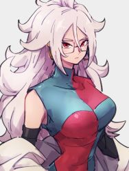Rule 34 | 1girl, android 21, breasts, checkered clothes, checkered dress, closed eyes, covered collarbone, dragon ball, dragon ball fighterz, dress, glasses, grey background, hair between eyes, kemachiku, lab coat, large breasts, long hair, looking at viewer, majin android 21, narrow waist, red eyes, simple background, solo, turtleneck, turtleneck dress, white hair
