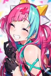 Rule 34 | 1girl, ^ ^, bare shoulders, black gloves, blue hair, blurry, blurry background, blush, closed eyes, commentary request, depth of field, dress, closed eyes, facing viewer, gloves, grin, half gloves, hands up, highres, long hair, mika pikazo, multicolored hair, pink hair, pinky pop hepburn, sleeveless, sleeveless dress, smile, solo, the moon studio, two-tone hair, upper body, virtual youtuber, white dress