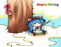 Rule 34 | &gt;:d, 1girl, :d, = =, absurdly long hair, black skirt, blouse, blue hair, blush stickers, boots, brown hair, chibi, commentary request, closed eyes, fishing rod, food, fruit, hakurei reimu, hat, highres, hinanawi tenshi, kashuu (b-q), long hair, open mouth, peach, puffy short sleeves, puffy sleeves, shirt, short sleeves, sitting, skirt, smile, touhou, v-shaped eyebrows, very long hair, white shirt, | |, |d