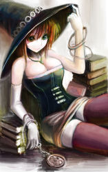 Rule 34 | 1girl, adjusting clothes, adjusting headwear, bad id, bad pixiv id, book, bracelet, breasts, brown hair, cleavage, corset, elbow gloves, gloves, green eyes, hat, jewelry, miniskirt, necklace, ogadenmon, original, pocket watch, red hair, short hair, skirt, solo, thighhighs, watch, witch, witch hat, zettai ryouiki