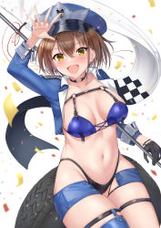 Rule 34 | 1girl, :d, arm up, azur lane, baltimore (azur lane), baltimore (finish line flagbearer) (azur lane), bikini, black bikini, black choker, black gloves, blue bikini, blue footwear, blue hat, blue jacket, blush, boots, braid, breasts, brown hair, chest harness, choker, cleavage, collarbone, commentary, confetti, cowboy shot, cropped jacket, flag, french braid, gloves, groin, hair between eyes, harness, hat, highleg, highleg bikini, highres, holding, holding pole, itaba atsushi, jacket, looking at viewer, medium breasts, micro shorts, mismatched bikini, navel, o-ring, official alternate costume, open clothes, open jacket, open mouth, peaked cap, pole, race queen, short hair, shorts, sidelocks, simple background, single glove, single thigh boot, sitting, smile, solo, stomach, swimsuit, thigh boots, tire, white background, yellow eyes