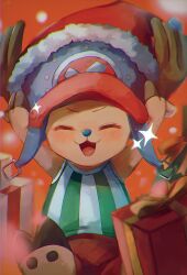 Rule 34 | 1boy, antlers, closed eyes, commentary request, gift, happy, hat, highres, horns, machida 0906, male focus, one piece, reindeer antlers, santa hat, shirt, solo, striped clothes, striped shirt, tony tony chopper, vertical-striped clothes, vertical-striped shirt