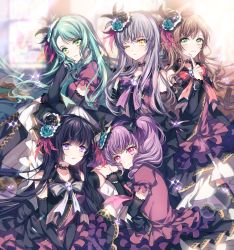 Rule 34 | 5girls, aqua hair, arm warmers, bang dream!, black choker, black hair, bow, bowtie, brooch, brown hair, choker, dress, feather hair ornament, feathers, flower, frilled sleeves, frills, green eyes, grey neckwear, hair flower, hair ornament, hikawa sayo, imai lisa, index finger raised, jewelry, lace, lace choker, long hair, looking at viewer, minato yukina, multiple girls, nennen, one eye closed, parted lips, pink eyes, pink neckwear, purple eyes, purple hair, purple neckwear, red neckwear, roselia (bang dream!), shirokane rinko, short sleeves, silver hair, smile, sparkle, twintails, udagawa ako, yellow eyes