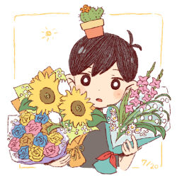 Rule 34 | 1boy, black eyes, black hair, bouquet, bright pupils, cactus, dated, flower, flower pot, gladiolus, holding, holding bouquet, lily of the valley, looking at viewer, male focus, omori, open mouth, plant, potted plant, rose, short hair, solo, sun iiinu, sunflower, sunny (omori), tulip, upper body, white pupils