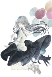 Rule 34 | 1girl, balloon, black cat, black skirt, cat, closed eyes, closed mouth, converse, floating, full body, grey hair, highres, holding, holding balloon, hood, hood down, hoodie, long hair, long sleeves, original, oseto (oxxsexxto), painting (medium), shoe soles, shoes, simple background, skirt, smile, solo, traditional media, watercolor (medium), white background, white footwear, white hoodie