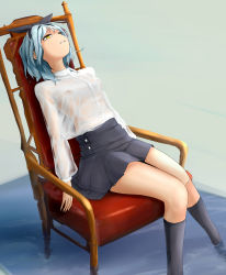 Rule 34 | 1girl, blue hair, breasts, chair, character request, copyright request, covered erect nipples, haigyo, highres, kneehighs, long sleeves, medium breasts, nipples, no bra, original, ribbon, see-through, shirt, short hair, sitting, skirt, socks, solo, wet, wet clothes, wet shirt, yellow eyes