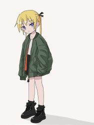 Rule 34 | 1girl, ankle boots, black footwear, black skirt, blonde hair, blush stickers, boots, closed mouth, full body, gishiki (gshk), green jacket, grey shirt, head tilt, highres, jacket, kill me baby, long hair, long sleeves, looking at viewer, miniskirt, open clothes, open jacket, purple eyes, shirt, simple background, skirt, sleeves past wrists, solo, sonya (kill me baby), twintails, white background