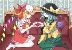 Rule 34 | 2girls, arm up, artist request, ascot, black legwear, blush, bow, breasts, buttons, commentary request, crystal, diamond button, expressionless, eyeball, flandre scarlet, frilled shirt collar, frilled sleeves, frills, green eyes, green hair, green skirt, hair over one eye, hat, hat ribbon, heart, heart hands, heart hands duo, heart of string, highres, komeiji koishi, long sleeves, looking at viewer, mob cap, multiple girls, puffy short sleeves, puffy sleeves, red eyes, red ribbon, red skirt, red vest, ribbon, shirt, short hair, short sleeves, sideways glance, sitting, skirt, small breasts, smile, socks, thighhighs, third eye, touhou, vampire, vest, white legwear, wide sleeves, wings, yellow ascot, yellow bow, yellow ribbon, yellow shirt