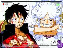 Rule 34 | 1boy, ^ ^, black coat, black hair, closed eyes, closed mouth, coat, commentary request, crossed arms, gear fifth, hat, highres, looking at another, male focus, monkey d. luffy, one piece, purple sash, recording, red shirt, sash, scar, scar on chest, scar on face, shirt, signature, smile, straw hat, tacchan56110, thick eyebrows, white hair, white shirt