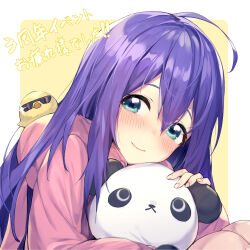 Rule 34 | 1girl, ahoge, animal, animal on shoulder, bird, blush, breasts, chick, closed mouth, green eyes, hair between eyes, holding, holding stuffed toy, idolmaster, idolmaster million live!, idolmaster million live! theater days, long hair, long sleeves, looking at viewer, mochizuki anna, purple hair, shennai misha, small breasts, smile, solo, stuffed animal, stuffed panda, stuffed toy, sunglasses