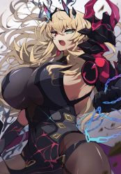 Rule 34 | 1girl, absurdres, armor, bare shoulders, black dress, black gloves, blonde hair, breasts, brown pantyhose, chain, dress, elbow gloves, barghest (fate), barghest (second ascension) (fate), fate/grand order, fate (series), gauntlets, gloves, green eyes, heterochromia, highres, horns, large breasts, long hair, looking at viewer, open mouth, pantyhose, pauldrons, pelvic curtain, red eyes, shoulder armor, sideboob, single gauntlet, single pauldron, solo, sword, toyosu, weapon