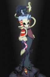 Rule 34 | 1girl, bare shoulders, blue hair, blue skin, chamba, colored skin, detached sleeves, hair over one eye, highres, leviathan (skullgirls), long hair, long skirt, red eyes, side ponytail, signature, skirt, skull, skullgirls, socks, solo, squigly (skullgirls), stitched mouth, stitches, striped clothes, striped legwear, striped sleeves, striped socks, watermark, web address, zombie