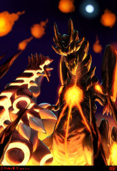 Rule 34 | absurdres, black scales, burning, chikidney, claws, creatures (company), crossover, dated, dire miralis, dragon, dragon horns, fire, game freak, gen 3 pokemon, glowing, glowing eyes, groudon, highres, horns, legendary pokemon, lava, monster, monster hunter (series), moon, night, nintendo, no humans, open mouth, pokemon, pokemon (creature), primal groudon, rock, spikes