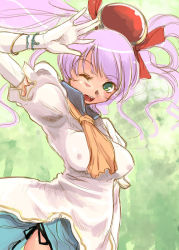 Rule 34 | 1girl, ;d, arm up, blue sailor collar, blush, bracelet, breasts, cave (developer), elbow gloves, covered erect nipples, gloves, green eyes, hair ornament, hair ribbon, impossible clothes, impossible shirt, jewelry, large breasts, long hair, long sleeves, mushihime-sama, nature, necktie, one eye closed, open mouth, outdoors, purple hair, reco, ribbon, sailor collar, school uniform, serafuku, shirt, sketch, skirt, smile, solo, twintails, waving, wink