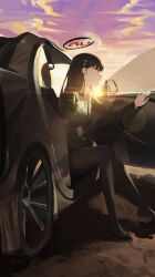 Rule 34 | 1girl, absurdres, black hair, black jacket, black pantyhose, blazer, blue archive, breasts, car, from side, halo, highres, jacket, kji (rozo), lens flare, looking ahead, medium breasts, motor vehicle, outdoors, pantyhose, profile, rio (blue archive), sitting, solo, straight hair, sunset