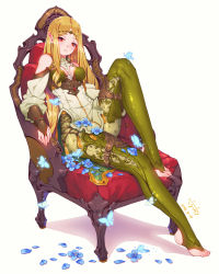 Rule 34 | 1girl, bare shoulders, barefoot, blonde hair, blush, breasts, bug, butterfly, chair, circlet, commentary request, elf, fangxiang cuoluan, flower, full body, green legwear, highres, bug, jewelry, long hair, looking at viewer, original, pointy ears, red eyes, shoulder cutout, sitting, solo, toe ring, toeless legwear, toes