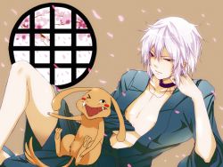 Rule 34 | &gt; o, 1boy, accelerator (toaru majutsu no index), arm support, black eyes, blush stickers, cherry blossoms, collar, collarbone, creature, crossover, expressionless, hair between eyes, hand on own cheek, hand on own face, indoors, japanese clothes, knee up, leaning back, looking at viewer, mamezou (otome youkai zakuro), okamoto nobuhiko, one eye closed, otome youkai zakuro, petals, pink hair, red eyes, sharp teeth, sitting, teeth, toaru majutsu no index, voice actor connection, window