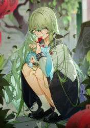 Rule 34 | 1girl, absurdres, alternate costume, bird, black footwear, blurry, blurry background, curvy, falling leaves, fang, food, full body, glasses, green eyes, grey hair, highres, holding, holding food, holding stuffed toy, honkai (series), honkai impact 3rd, jinjide shaonian, leaf, long hair, looking at viewer, mobius (honkai impact), pleated skirt, sailor collar, sailor shirt, school uniform, shirt, sitting, skirt, slit pupils, smile, socks, solo, stuffed toy, thighs, tongue, tongue out, white socks