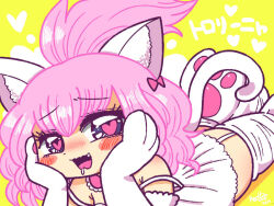 Rule 34 | 1girl, animal ears, blue eyes, blush, bow, cat ears, cat girl, cat tail, collar, commentary, hair bow, hands on own cheeks, hands on own face, heart, heart-shaped pupils, hecktop, looking to the side, lying, medium hair, nose blush, open mouth, pawpads, pink bow, pink collar, pink hair, ponytail, saliva, single tooth, smile, symbol-shaped pupils, tail, tororiina (hecktop), tororin time, translated, white tail