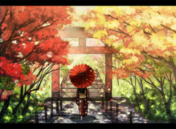 Rule 34 | 1girl, amemura, amemura (caramelo), autumn, bush, from behind, japanese clothes, kimono, leaf, letterboxed, nature, oil-paper umbrella, original, solo, torii, tree, umbrella, walking