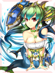 Rule 34 | 1girl, alrescha (p&amp;d), bad id, bad pixiv id, bare shoulders, blue hair, breasts, cleavage, fins, fish, gradient hair, green hair, head fins, headdress, mermaid, monster girl, multicolored hair, pisces (symbol), pisces (zodiac), puzzle &amp; dragons, red eyes, snaking, solo, zodiac