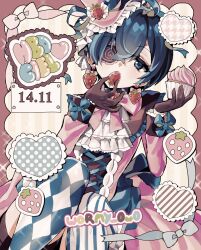Rule 34 | 1boy, absurdres, birthday, blue eyes, blue hair, bow, child, ciel phantomhive, cupcake, earrings, eating, food, food-themed earrings, food themed earrings, frilled hat, frills, fruit, gloves, happy birthday, hat, heart, highres, holding, holding food, holding fruit, jewelry, kuroshitsuji, male focus, patterned clothing, pink theme, short hair, solo, strawberry, strawberry earrings, trap, wormy owo