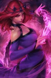 1girl amaranth_(marvel) breasts brown_eyes dress highres looking_at_viewer magic marvel medium_breasts new_champions purple_dress red_hair short_hair solo stanley_lau