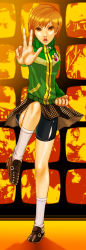 Rule 34 | 1girl, atlus, bike shorts, brown eyes, brown hair, bruce lee, buttons, clenched hand, fighting stance, foreshortening, highres, houndstooth, jacket, jackie chan, legs, lips, looking at viewer, manderson, open hand, open mouth, persona, persona 4, satonaka chie, shoes, short hair, skirt, smiley face, socks, solo, television, tomboy, track jacket