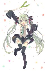 Rule 34 | 1girl, :d, ahoge, arm up, black footwear, black skirt, black sleeves, blue eyes, blue hair, blue necktie, blush, boots, collared shirt, commentary, confetti, detached sleeves, dress shirt, english commentary, full body, hair between eyes, hatsune miku, headphones, highres, homa corn, long hair, long sleeves, looking at viewer, miniskirt, necktie, number tattoo, open mouth, pleated skirt, shirt, simple background, skirt, sleeveless, sleeveless shirt, sleeves past fingers, sleeves past wrists, smile, solo, spring onion, tattoo, thigh boots, thighhighs, twintails, very long hair, vocaloid, white background, white shirt, wing collar, zettai ryouiki