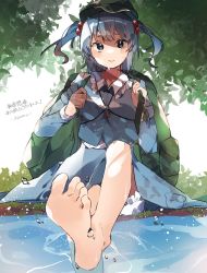 Rule 34 | 1girl, backpack, bag, barefoot, blue eyes, blue hair, commission, feet, foot focus, green hat, hair bobbles, hair ornament, hat, higa (gominami), holding strap, kawashiro nitori, key, light smile, looking at viewer, partially underwater shot, plant, skeb commission, skirt, soles, solo, splashing, toes, touhou, two side up, water, water drop