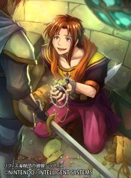 Rule 34 | 2boys, brown eyes, brown hair, coin, company name, earrings, fingerless gloves, fire emblem, fire emblem: thracia 776, fire emblem cipher, gem, glint, gloves, holding, holding sword, holding weapon, jewelry, lifis, male focus, money, multiple boys, necklace, nekobayashi, nervous smile, nintendo, official art, on one knee, open mouth, pearl (gemstone), red hair, seiza, sitting, smile, solo focus, sparkle, sword, teeth, unworn jewelry, weapon