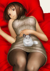 Rule 34 | 1girl, animal, bare arms, bare shoulders, bed sheet, blue panties, blunt bangs, breasts, brown eyes, brown hair, brown pantyhose, brown sweater, chinese zodiac, closed mouth, commentary request, dress, eyelashes, gusset, highres, kyodairobo, looking at viewer, lying, medium breasts, mouse (animal), on back, on bed, original, panties, panties under pantyhose, pantyhose, pillow, ribbed sweater, sleeveless, sleeveless dress, sleeveless sweater, sleeveless turtleneck, solo, sweater, thighs, turtleneck, turtleneck sweater, underwear, year of the rat