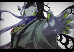 Rule 34 | 1boy, ashiya douman (fate), asymmetrical clothes, asymmetrical hair, bell, black border, black eyes, black hair, border, covered abs, curly hair, earrings, eyeshadow, fate/grand order, fate (series), fighting stance, fingernails, foreshortening, green eyeshadow, green kimono, green lips, green nails, hair bell, hair between eyes, hair intakes, hair ornament, head tilt, highres, japanese clothes, jewelry, kimono, lipstick, long hair, magatama, magatama earrings, makeup, male focus, multicolored hair, nail polish, nimura (12345974), onmyouji, open clothes, open kimono, pectorals, ribbed sleeves, sharp fingernails, smile, solo, toned, toned male, two-tone hair, very long fingernails, very long hair, white hair