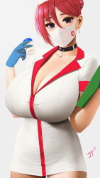 Rule 34 | 1girl, blue gloves, breasts, choker, cleavage, clipboard, covered mouth, dress, gloves, hat, highres, hospital gown, huge breasts, jellytits-7, looking at viewer, mask, mouth mask, nurse, nurse cap, original, red hair, short dress, solo, surgical mask, thighs, vial