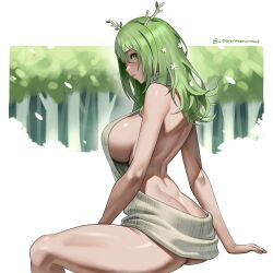 Rule 34 | 1girl, absurdres, antlers, ass, backless dress, backless outfit, bare shoulders, blush, breasts, ceres fauna, dress, flower, green hair, hair between eyes, hair flower, hair ornament, highres, hololive, hololive english, horns, large breasts, long hair, meme attire, naked sweater, seventeencrows, sideboob, solo, sweater, sweater dress, virgin killer sweater, virtual youtuber, yellow eyes