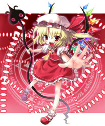 Rule 34 | 1girl, blonde hair, blush, danmaku, fang, female focus, flandre scarlet, foreshortening, full body, hat, katahira masashi, laevatein, magic circle, mary janes, one side up, outstretched arm, outstretched hand, ponytail, red eyes, red theme, shoes, short hair, side ponytail, socks, solo, touhou, wings