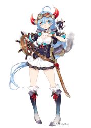 Rule 34 | ahoge, blue eyes, blue hair, boots, copyright notice, goggles, horn ornament, horns, long hair, official art, oshiro project:re, oshiro project:re, short sleeves, simple background, solo, sword, uwajima (oshiro project), very long hair, weapon, white background, yuranpo