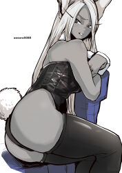 Rule 34 | 1girl, animal ears, aosora2823, artist name, ass, bare shoulders, blush, boku no hero academia, breasts, clothing cutout, dark-skinned female, dark skin, detached collar, from side, greyscale, highleg, highleg leotard, highres, large breasts, leotard, long eyelashes, long hair, looking at viewer, mirko, monochrome, parted bangs, parted lips, partially colored, playboy bunny, rabbit ears, rabbit girl, rabbit tail, sitting, solo, strapless, strapless leotard, tail, tail through clothes, thighhighs, thighs, toned, wrist cuffs